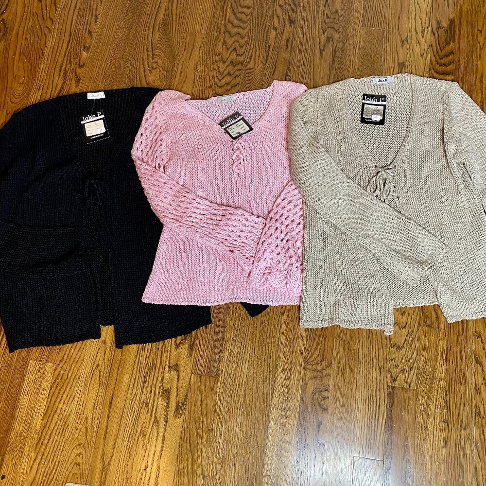 (3) John P. cardigan sweater & pullover L womens NWT Greece tan pink black